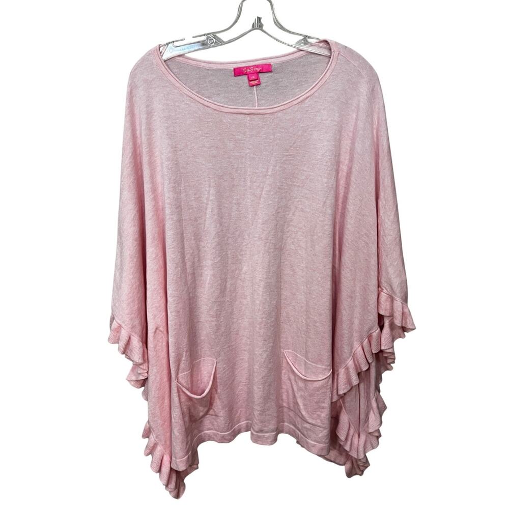 Lilly Pulitzer Pink Ruffle Pocket Poncho Sweater Top Size L XL Pullover Pockets